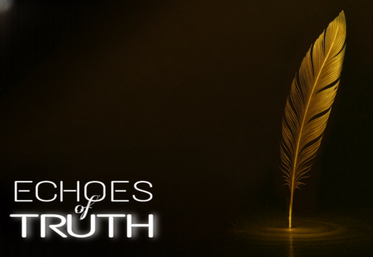 Golden feather standing upright, creating soft ripples in a dark, reflective surface. The words ‘Echoes of Truth’ glow in elegant white font on the left, symbolizing the gentle yet powerful resonance of honesty and integrity.